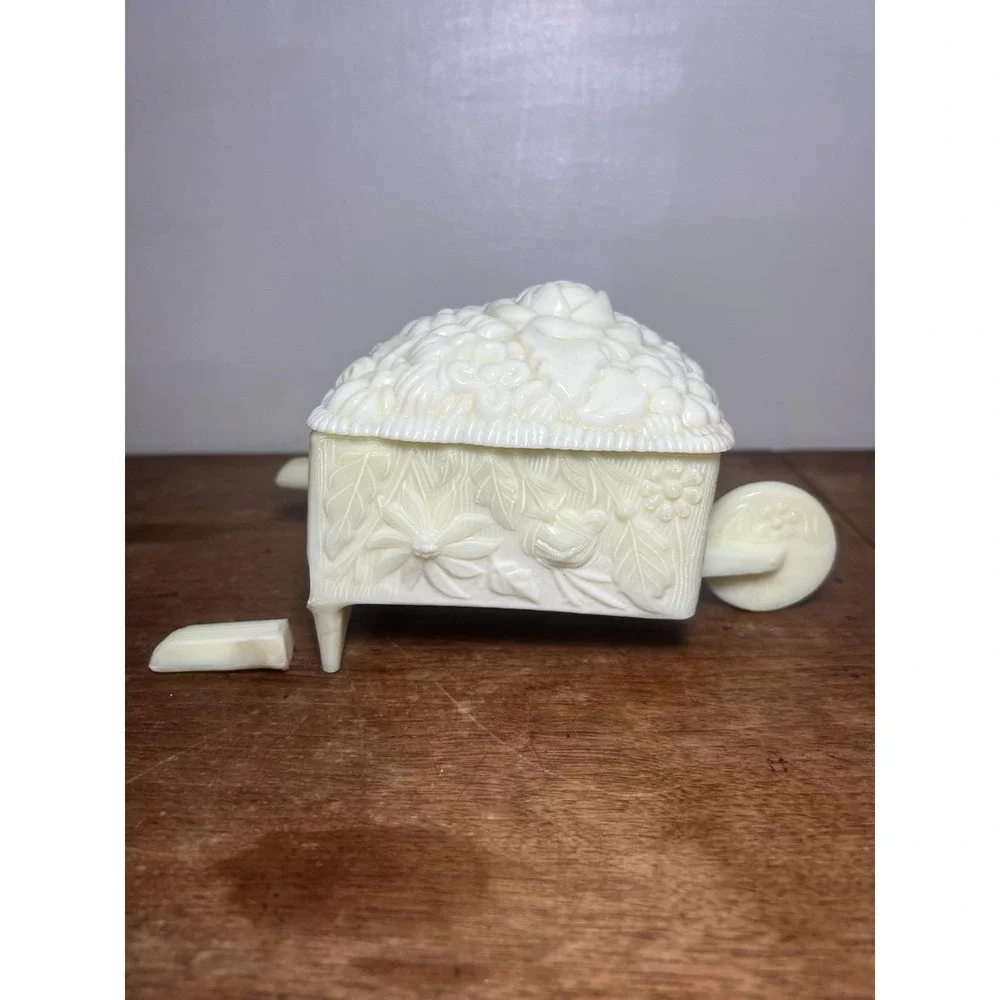 As Is-clean Break-chipped Lid-uranium Glass Custard Glow Wheelbarrow Candy Dish